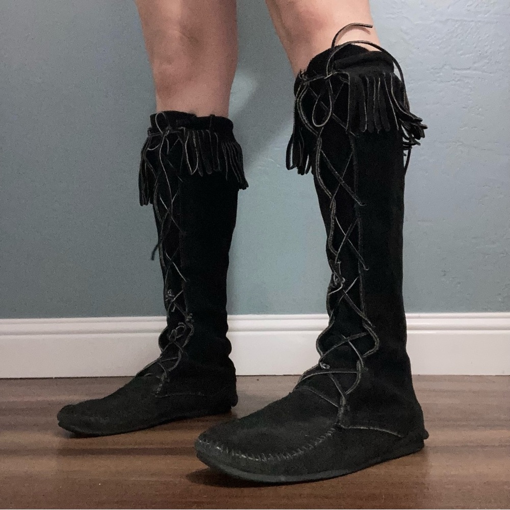 Vintage Black Handmade Suede Knee High Lace Up Moccasin Boots Bohemian
